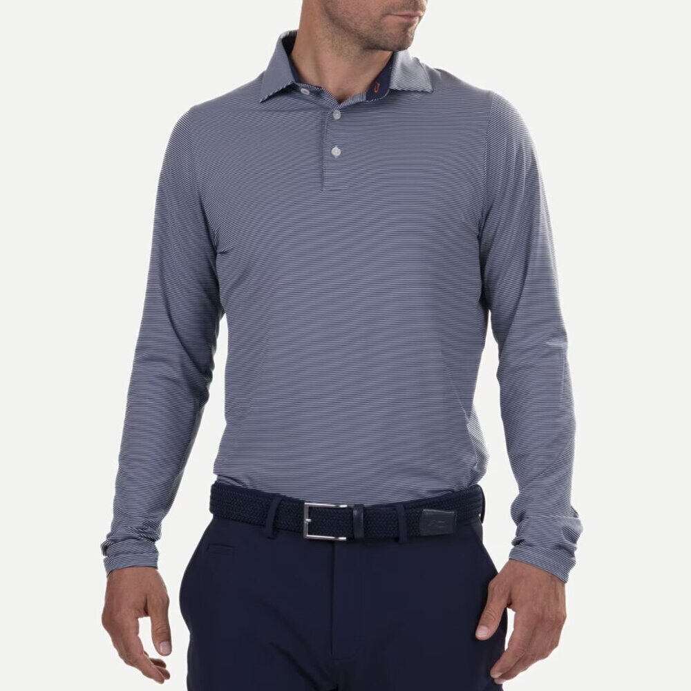 KJUS Soren Stripe Long-Sleeve Performance Polo, Blue Fog/Atlanta Blue, 54/XL